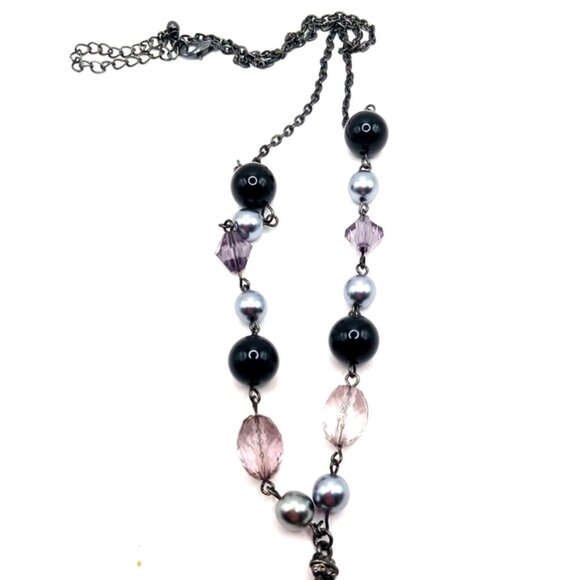 Black Metal Cross On Black Beaded Chain Necklace 20" - Picture 3 of 6